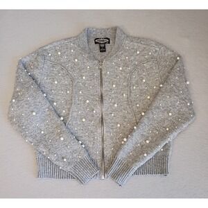 Oliver O Wool Blend Pearl Zip Melange Gray Ribbed Womens L Cardigan Sweater